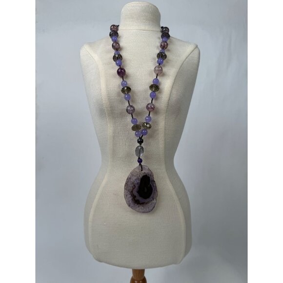 Dyed Agate Pendant Necklace With Beads & Large Purple Stone 13" Long Unique Boho - Picture 13 of 15